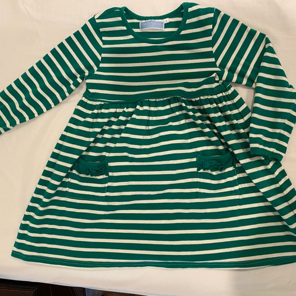 Trotter St. Kids - size 4, long sleeve, green/white stripe dress, ruffle pockets - Picture 1 of 3